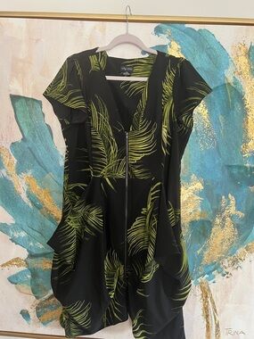 City Chic Black Tunic with Lime Palm Print and Front Zip Closure